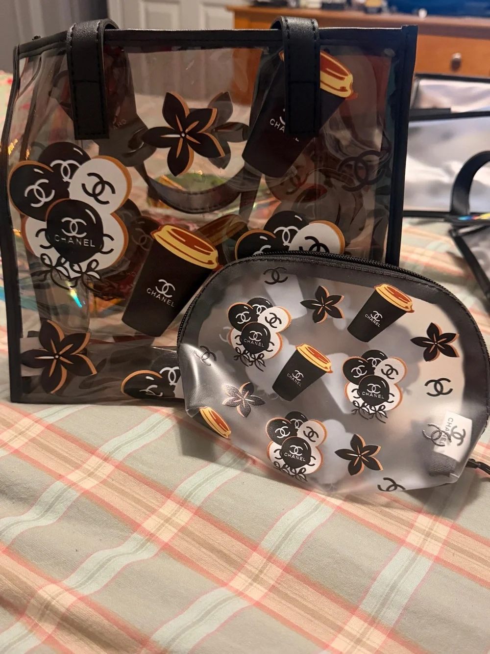 Designer-Inspired Clear Tote and Cosmetic Pouch Set - Black & Brown Accents